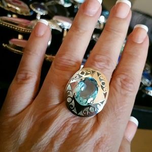 Blue topaz quartz filigree silver ring size 8.5